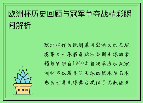 欧洲杯历史回顾与冠军争夺战精彩瞬间解析