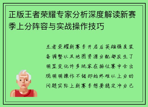 正版王者荣耀专家分析深度解读新赛季上分阵容与实战操作技巧